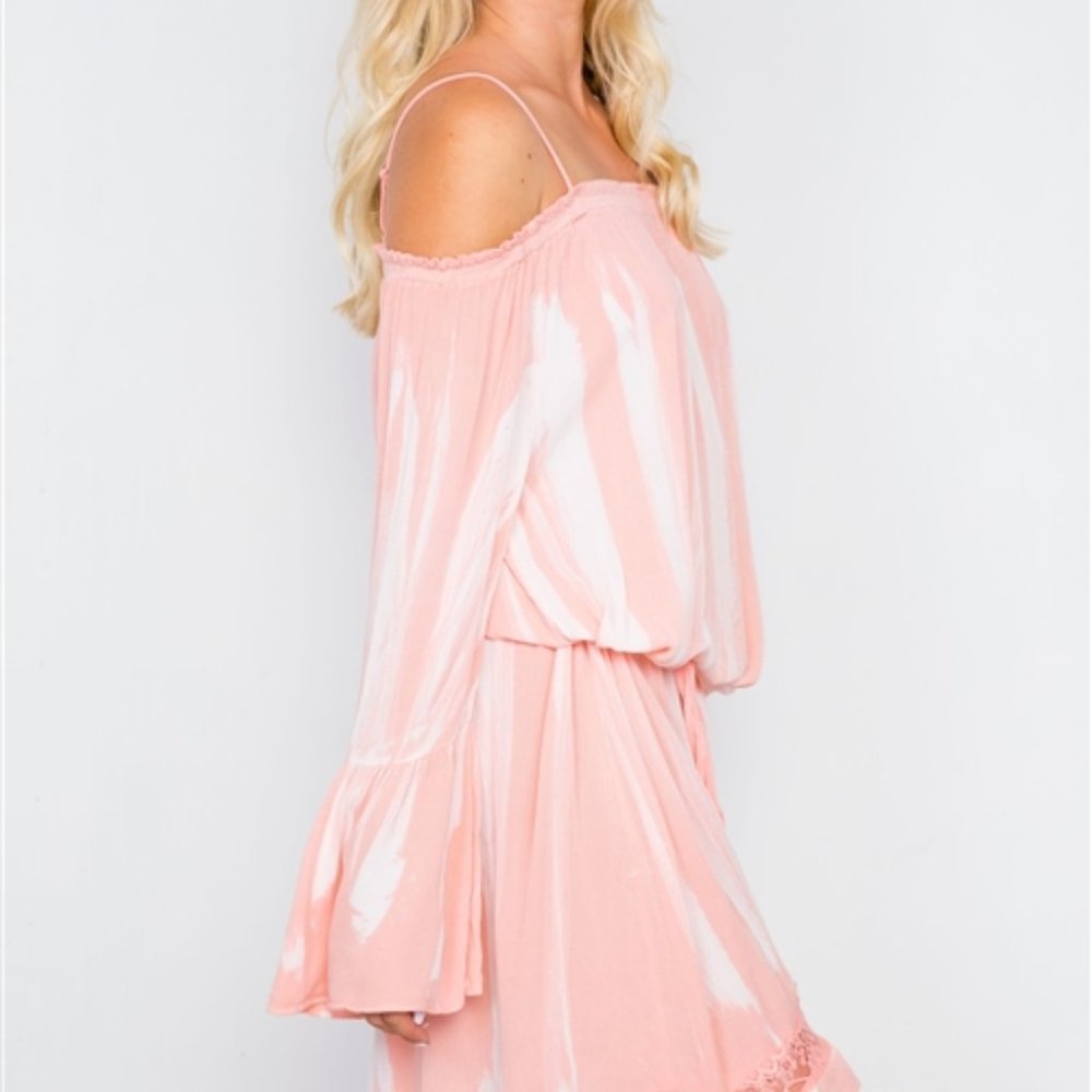 Pink Bell Sleeves Tie Dye Boho Mini Dress